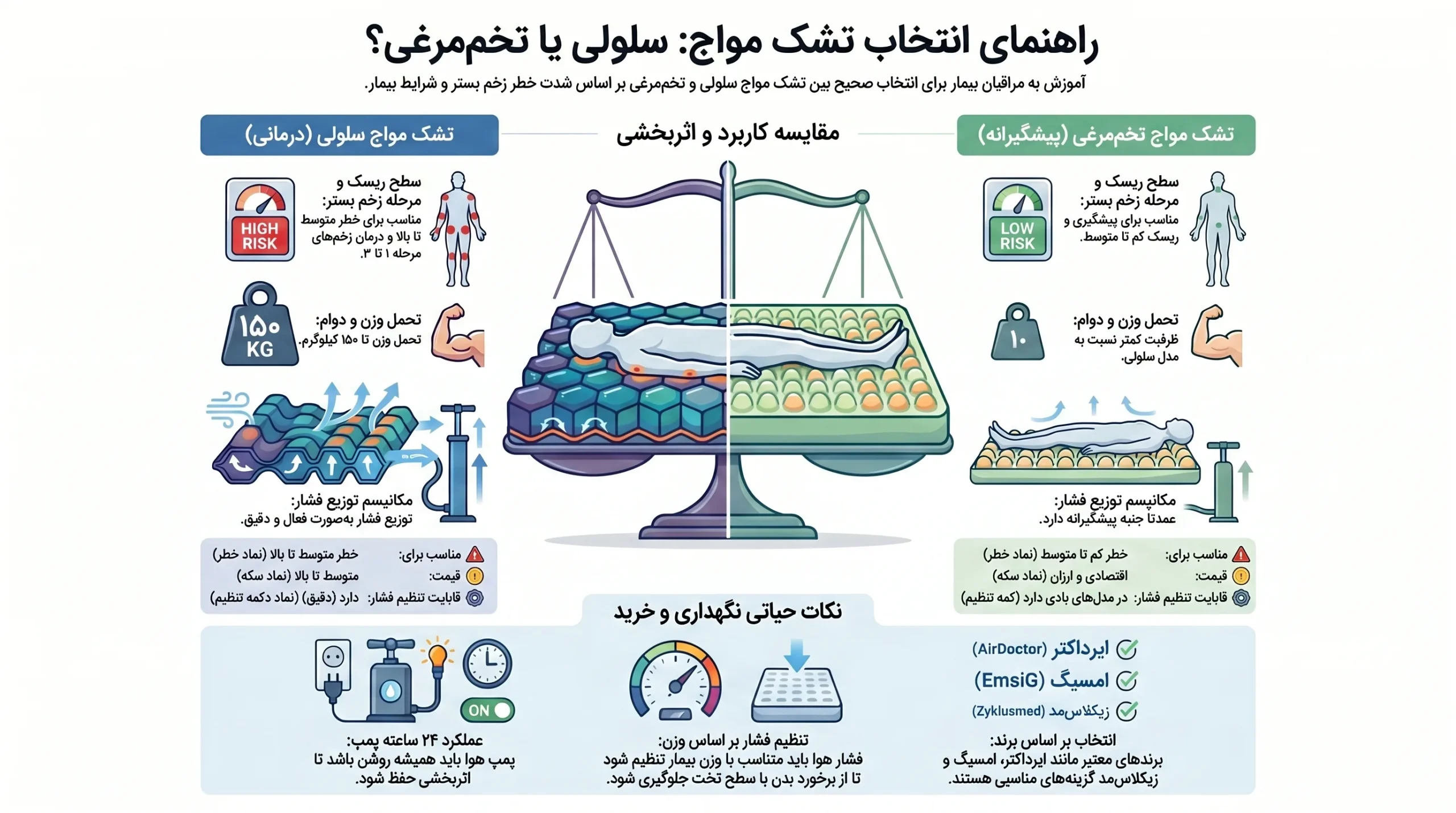 تفاوت تشک مواج سلولی و تخم‌مرغی؛ کدام برای زخم بستر بهتر است؟